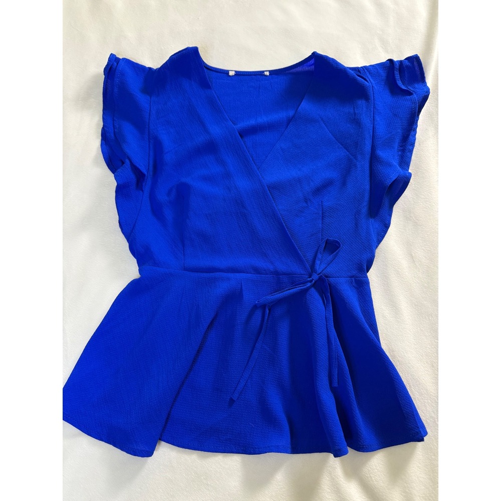 Royal Blue Faux Wrap Peplum Blouse Flutter Sleeve V-Neck Top